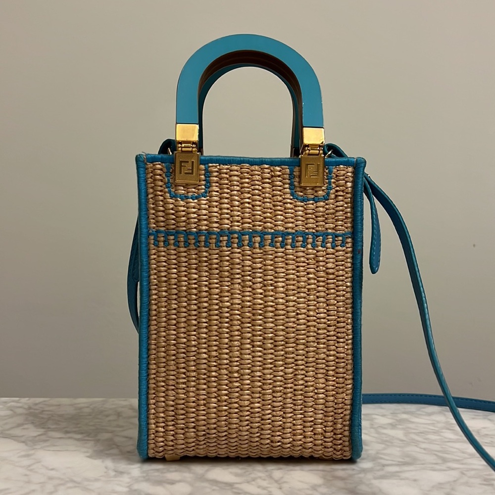 Fendi Sunshine Mini Straw Shoulder Bag Natural Blue - Picture 3 of 14